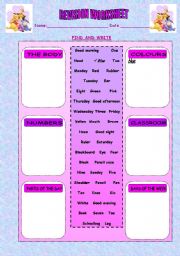 English Worksheet: Body+Colours+Numbers+Classroom+Parts of the Day+ Days of the week