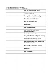 English worksheet: Find someone who warmer activity