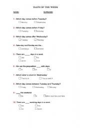 English Worksheet: DAYS OF THE WEEK TEST