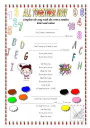 English Worksheet: All together now (the Beatles) - alphabet - numbers and colours