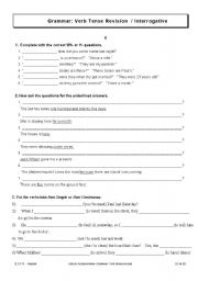 English worksheet: Verb Tense and Wh-questions revision