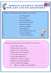 English Worksheet: SIMPLE PRESENT TENSE - WH AND YES-NO QUESTIONS 