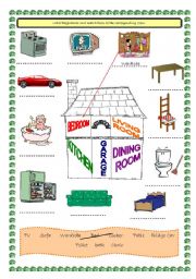 English Worksheet: Label the pictures and match them to the corresponding room.