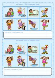English Worksheet: pair work: what is she/he doing?