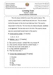 English Worksheet: listening test  teacher sheet . about city mouse country mouse