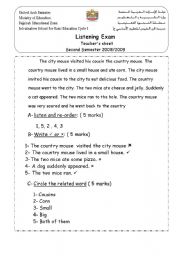 English worksheet: listening test  teacher sheet . about city mouse country mouse