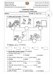 student sheet for the listening test about city mouse and country mouse