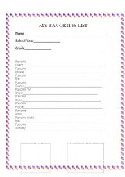 English worksheet: My Favorites List