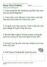 English Worksheet: word problems using money
