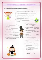 English Worksheet: SOMEONE - SOMEWHERE - SOMETHING (key included)