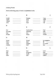 English worksheet: Ordering work alphabetically