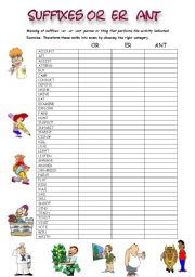 English Worksheet: Suffixes or er ant