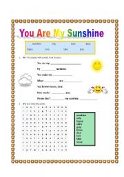 English Worksheet: You Are My Sunshine