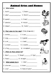 English Worksheet: Animal Cries and homes