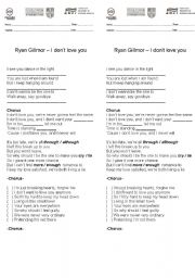 English worksheet: I dont love you - Ryan Gillmor (lyrics)