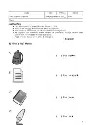 English Worksheet: Test on SCHOOL OBJECTS, FAMILY MEMBERS, BODY, ADJECTIVES, CLOTHES, COLORS - Part I
