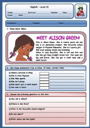 English Worksheet: MEET ALISON GREEN (DESCRIBING PEOPLE TEST) 3 PAGES