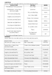 English Worksheet: Movie stars-movies-genres matching exercise with answer key
