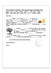 English worksheet: Fill in the blanks in the diary