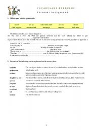 English worksheet: Vocabulary exercise: personal background