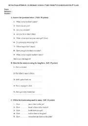 English worksheet: a sample exam for 6th grade students