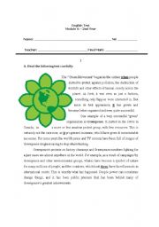 English Worksheet: Written test on Environment