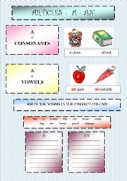 English Worksheet: Articles a-an 1/2