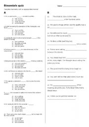 English worksheet: Binomials quiz