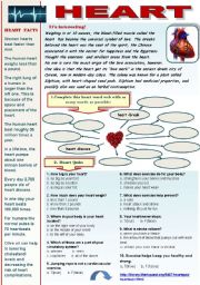 HEART! -  VOCABULARY AND READING COMPREHENSION SET FOR INTERMEDIATE AND ADVANCED STUDENTS (4 pages + answer keys) (Interesting facts about heart, heart quiz, reading comprehension article - heart anatomy with after-reading activities + heart idioms)