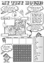 English Worksheet: MY TINY HOUSE! -  ROOMS IN THE HOUSE AND FURNITURE (4 activities)