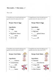 English Worksheet: How much / How many - Completing recipes (pair work)