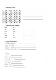 English worksheet: elementary english, colours, at school, numbers,