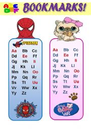 English Worksheet: ABC BOOKMARKS FOR BOYS AND GIRLS -  A SET OF 6  FUNNY BOOKMARKS WITH ALPHABET AND CARTOON CHARACTERS! (EDITABLE!!!) 3 pages