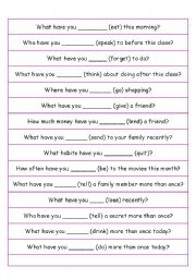 English Worksheet: Conversation Questions - Present Perfect