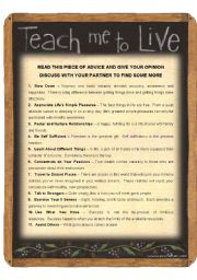 English Worksheet: SPEAKING FOR ADULTS - TEACH ME TO LIVE (2 pages) 