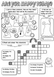 English Worksheet: ARE YOU HAPPY TODAY? - FEELINGS ( FEELINGS CROSSWORD, READING AND COLOURING)