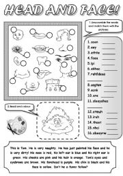 HEAD AND FACE! - PARTS OF FACE AND HEAD (unscramble the words and match them with the pictures, read and colour)