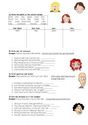 English worksheet: Describing hair and eyes