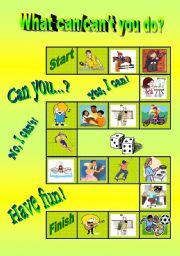 English Worksheet: Can/cant - board game