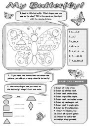 English Worksheet: MY BUTTERFLY! - FUN WITH SHAPES!!! (+ revision of colours and numbers) for kids -3 activities to practise shapes