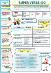 English Worksheet: SUPER ENGLISH VERBS! PART 3: DO - ! PAGE GRAMMAR-GUIDE ( the verb to do as an auxiliary and a main verb, do as a phrasal verb with meanings and examples and collocations with do)