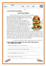 English Worksheet: FAST FOOD FOLLIES
