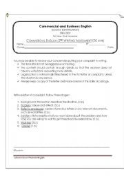 English Worksheet: Commercial Writing Assessment: Letter of Complaint