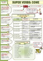 SUPER VERBS! PART 4: COME - 1 PAGE GRAMMAR-GUIDE (use of  to come, to come as a phrasal verb with meanings and examples and collocations with come)