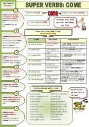 English Worksheet: SUPER VERBS! PART 4: COME - 1 PAGE GRAMMAR-GUIDE (use of  to come, to come as a phrasal verb with meanings and examples and collocations with come)