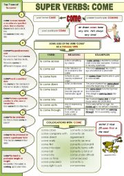 English Worksheet: SUPER VERBS! PART 4: COME - 1 PAGE GRAMMAR-GUIDE (use of  to come, to come as a phrasal verb with meanings and examples and collocations with come)