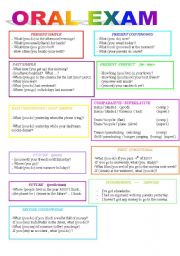 English Worksheet: ORAL EXAM : Ask and answer in pairs using : Present simp/ conti , past simp /cont , present perfect, comparative/superlative, future, should , conditionals 1st/2nd