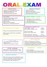 ORAL EXAM : Ask and answer in pairs using : Present simp/ conti , past simp /cont , present perfect, comparative/superlative, future, should , conditionals 1st/2nd