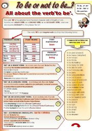 SUPER ENGLISH VERBS! PART 6 - TO BE - GRAMMAR-GUIDE (3 pages: to be as a main verb; to be as a linking verb; to be as an auxiliary verb and to be with modal meaning + a list of to be with adjectives and prepositions and set expressions with to be; to be a