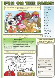 English Worksheet: FUN ON THE FARM! (B&W VERSION INCLUDED!!!) - FARM ANIMALS (4 different activities:spelling and matching, completing the sentences, writing activity and colouring)